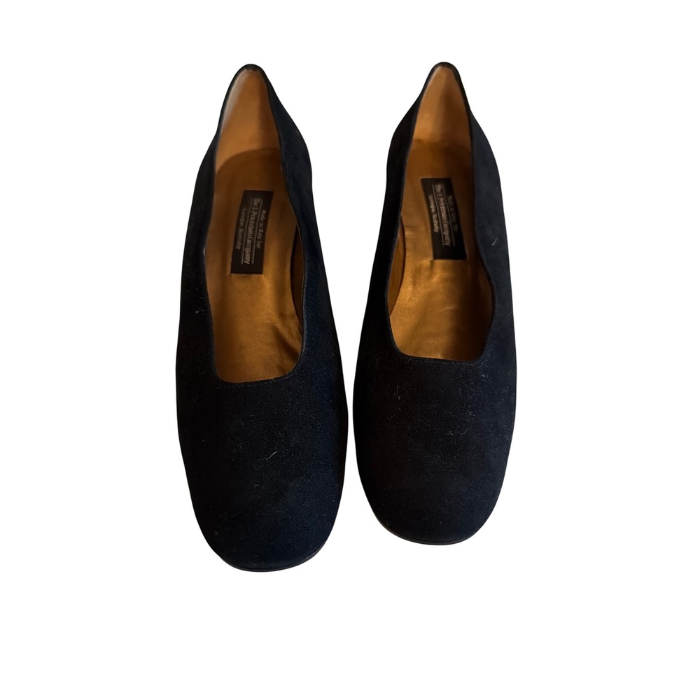 J. Peterman Company Black Suede Block Heel Square Toe Pumps Made in Italy 7B